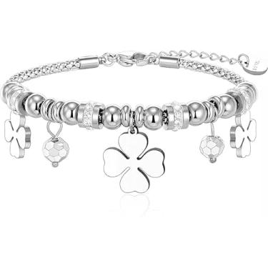 Imagem de Pulseira feminina com pingente de aço inoxidável, trevo de quatro folhas com contas de prata, presente de aniversário para mulheres, One Size, Metal, Sem Pedra Preciosa