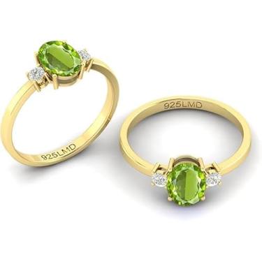 Imagem de LMDPRAJAPATIS Anel feminino banhado a ouro com safira azul certificada, rubi, esmeralda, periodoto, granada, pedra do mês de nascimento vintage 8 x 6 mm, Banhado a ouro amarelo, Peridoto