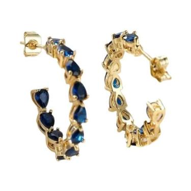 Imagem de Brincos De Argola Tandem De Zircônia Azul Com Ouro Incrustado, Acessór