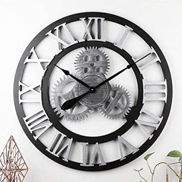 Imagem de U5GAAALPPQ9 Relógio de parede retrô grande 3D vintage feito à mão com algarismos romanos para sala de estar/quarto/cozinha/escritório/bar - 60 cm/24 pol (prata)