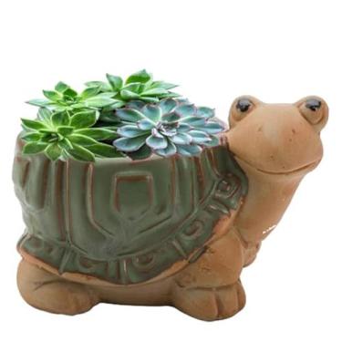 Imagem de WENDIN Lindo vaso de cerâmica para suculentas, pequeno vaso interno em forma de animal, lindos vasos de flores de cacto com drenagem para mesa de escritório e decoração de jardim doméstico (tartaruga)