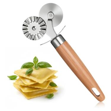 Imagem de KFHENSOMR Cortador de massa com cabeça de roda dupla com cabo de madeira para ravioli, torta, massa de pizza, biscoito e artesanato