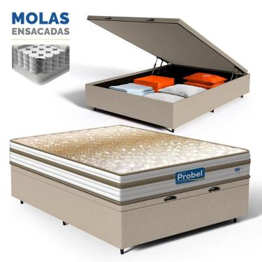 Imagem de Cama Box Baú com Colchão de Molas Ensacadas Double Face Pillow Euro Alfa Probel Casal 138cm