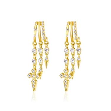 Imagem de BOOZIQ Brincos pendentes de ouro para mulheres, cruz de ouro, estrela e lua, brinco de argola tripla de zircônia cúbica, joia moderna, presente para mulheres, Large, Metal, Sem pedra preciosa