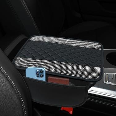 Imagem de ongfuwu Capa de couro brilhante para console central de carro, capa de descanso de braço automotivo de strass de cristal com bolsos laterais, protetor universal de apoio de braço para veículos