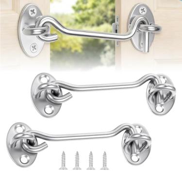 Imagem de 2 peças de gancho e olhal estilo clássico de 10 cm, trava de gancho de cabine de aço inoxidável resistente com parafusos para segurança de janela de portão de porta