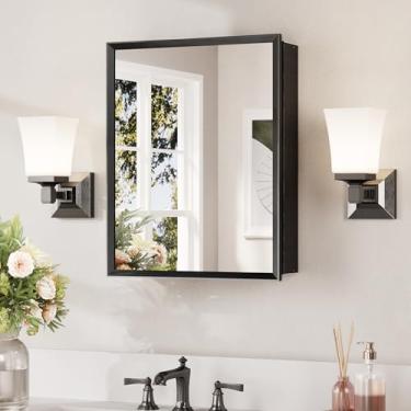 Imagem de Keonjinn Espelho pequeno para armário de remédios 35,5 x 45,7 cm, montagem necessária, armário de remédios preto para banheiro com espelho, moldura chanfrada, uma prateleira ajustável contínua