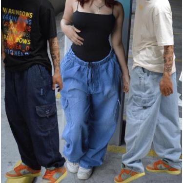 Imagem de Calça Cargo Jeans e Sarja Larga Bolsos Lateral Skatista Streatwear 5 B