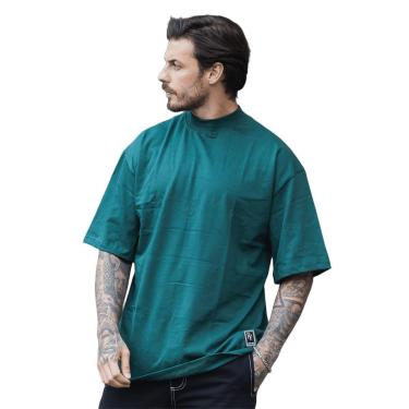 Imagem de Camiseta Oversized Gola Alta Lisa Basica Streetwear Confortavel Masculina Verde Escuro-Masculino