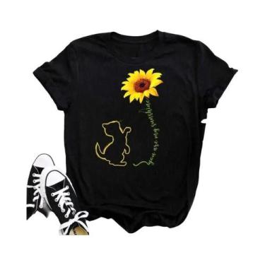 Imagem de Camiseta Feminina Preta Com Estampa De Borboleta E Girassol Kawaii, Co