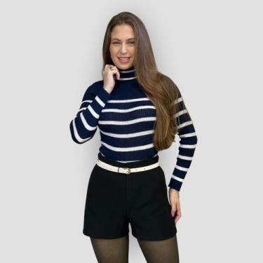 Imagem de Blusa Feminina Tricô Canelado Listrado Inverno Gola Alta - GIP ECOMMER