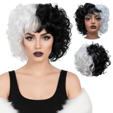 Imagem de Peruca Cruela preto e branco cacheada curta com franja - LIONSWIG