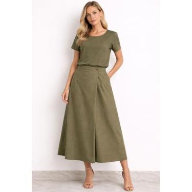 Imagem de Saia Midi Yeji Feminina em Linho com Forro Confortável Cor:Verde Claro
