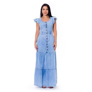 Imagem de Vestido Manga Franzida Jeans Longo Saia Três Marias - RESTRITO JEANS, 