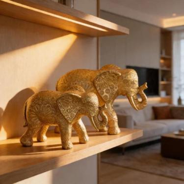 Imagem de Casal Elefante Dourado Resina Decoração Amor Prosperidade - Brateliez