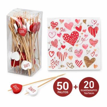 Imagem de Kit Love 50 Palitos de Aperitivo Bambu + 20 Guardanapos Coração Vermel