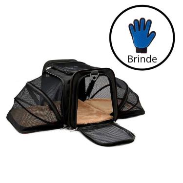 Imagem de Bolsa Pet Transporte Expansível Preto+ Par Luva Tira Pelos