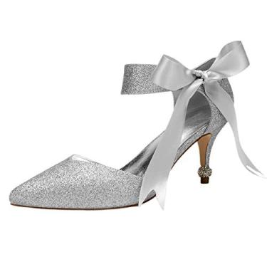 Imagem de Sandália feminina nó tira no tornozelo bico fino salto gatinha glitter sapatos de festa de casamento noiva, Prata, 7.5