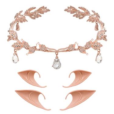 Imagem de Nydotd Tiara de casamento de folha de strass com 2 pares de orelhas de elfo, tiara de strass e orelhas de duende de látex, orelhas de duende para noivas, concursos, casamento, Halloween, cosplay