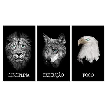Imagem de Kit 3 Quadros Decorativos Grandes com MOLDURA Disciplina Execução e Foco Animais