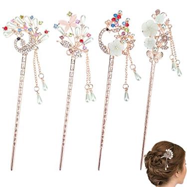 Imagem de Kukiwhy Alfinete de cabelo de flor de pérola com strass 4 peças de pauzinhos vintage de borla para cabelo Chignon Pin de pauzinhos para cabelo acessórios para mulheres (4 estilo)