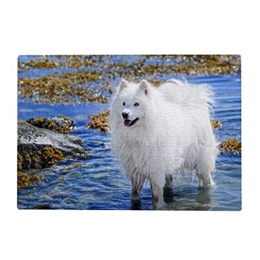 Imagem de ColourLife Quebra-cabeças quebra-cabeça presente de arte para adultos adolescentes sorrindo branco cabelo longo para cães jogos de quebra-cabeça de madeira Samoiada 300/500/1000 peças, multicolorido
