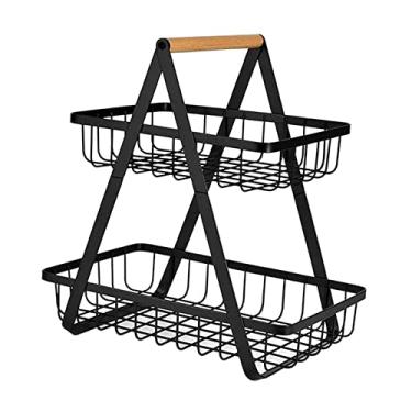 Imagem de Serenable Metal Fruteira Fio 2- Organizador Titular Pão de Legumes com de Madeira, Preto