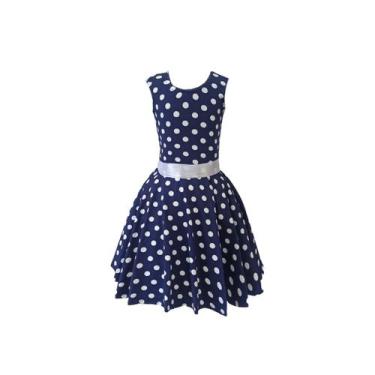 Imagem de Vestido Infantil Regata Meninas Anos 60 Godê Duplo Poá Azul Marinho Bo