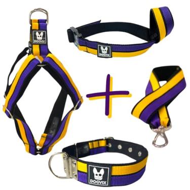 Imagem de Kit Coleira Guia Peitoral Focinheira Para Cachorro Pitbull (Lakers, M)