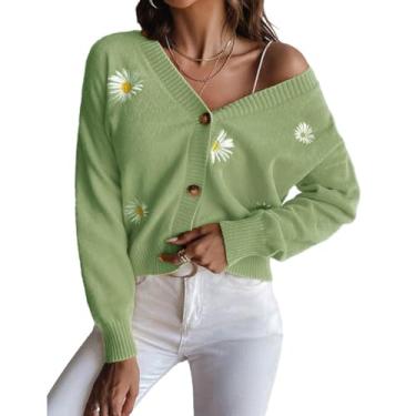 Imagem de ikasus Cardigã feminino suéter tricotado botão manga longa bordado lã malha cardigãs para senhoras meninas clima frio, verde P