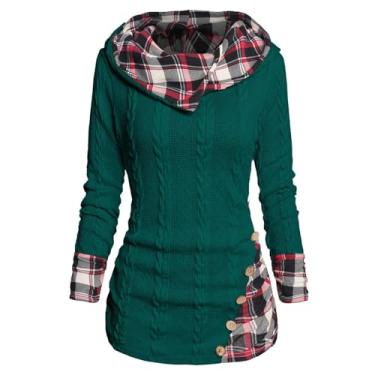 Imagem de Giltpeak Moletom com capuz xadrez com botão de emenda decorativo, suéter feminino casual de manga comprida leve pulôver de outono com capuz, Verde, G