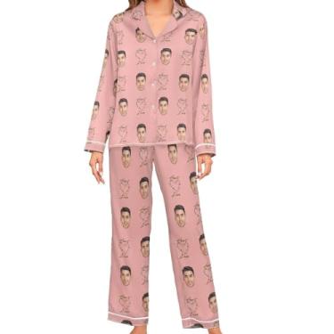Imagem de JUNZAN Pijama feminino de cetim personalizado de manga comprida roxo personalizado pijama de botão confortável feminino pijama, Coral, GG