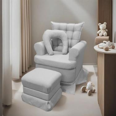 Imagem de Poltrona de Amamentação Luxo Linho Boucle Prata com Balanço e Puff sofa store