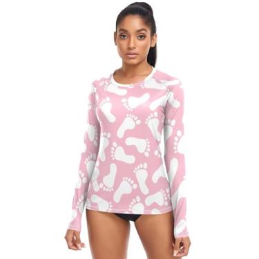 Imagem de KLL Camisetas femininas Rash Guard de secagem rápida e atléticas Footprint Pink White FPS 50+, Pegada rosa e branco, P