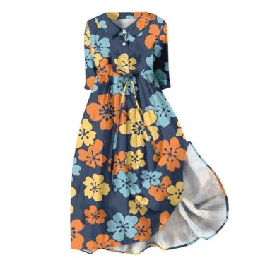 Imagem de Elogoog Vestidos de verão para mulheres 2024 gráfico franzido havaiano vestido maxi elegante manga curta cintura elástica floral vestido de trabalho, A - laranja, 3G