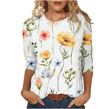 Imagem de Camisetas femininas de manga 3/4 para verão, outono, gola redonda, estampa floral, caimento solto, blusa feminina 2024, B-991 Amarelo Mostarda, XXG