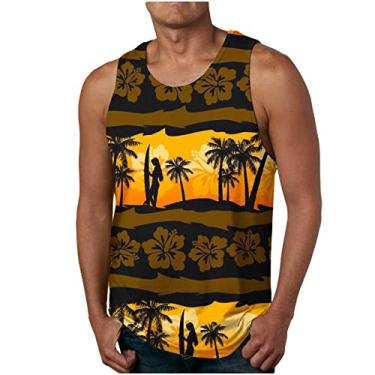 Imagem de Camiseta havaiana regata esportiva tropical academia coletes de praia para homens outono verão gola canoa estampa floral colete masculino 2024, Q-858 marrom, 3G