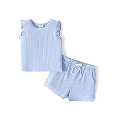 Imagem de PATPAT Conjunto de 2 peças de roupas infantis de verão com nervuras lisas de malha regata e shorts, Azul névoa, 3 Anos