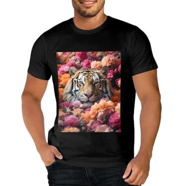 Imagem de Sipumia Camiseta unissex de algodão manga curta gola redonda 3D estampa floral tigre camiseta casual, Cor-08, XXG