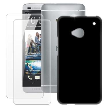 Imagem de MILEGOO Capa para HTC One M7 + 2 peças protetoras de tela de vidro temperado, capa ultrafina de silicone TPU macio à prova de choque para HTC One (4,7 polegadas) preta