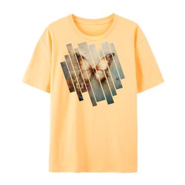 Imagem de Camisetas de arte de borboleta, camiseta fofa de verão com borboleta e flor, camiseta gráfica para homens e mulheres., 1 laranja claro, G