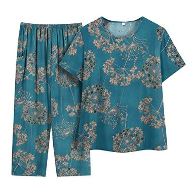 Imagem de Camiseta feminina Cruise Wear para lounge, estampa floral, bolinhas, meia e idosos, algodão, seda, manga curta, Azul, XX-Large