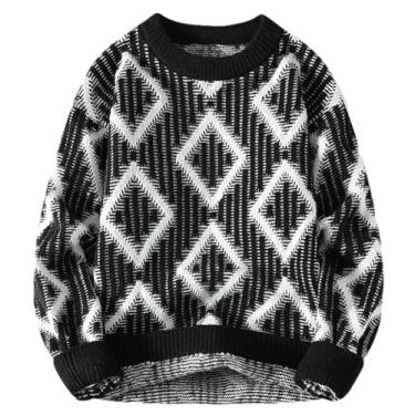 Imagem de BoShiNuo Suéter masculino de malha quente grosso de inverno suéter de Natal Argyle pulôver manga longa gola redonda suéter masculino, Preto, G