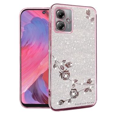 Imagem de Yarxiawin Capa para Motorola Moto G54 transparente brilhante estética Motorola G54 5G capa de telefone de silicone flor macia transparente à prova de choque capa roxa fina (prata-rosa)