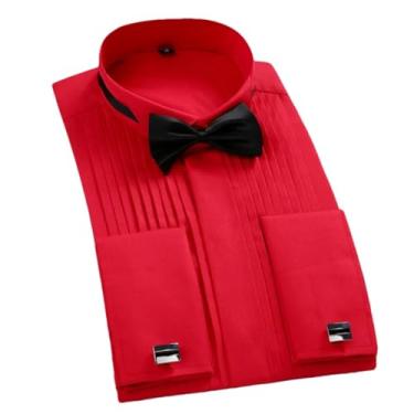 Imagem de Camisas de smoking masculinas com abotoaduras francesas modelagem regular para homens de negócios camisa social manga longa gola cauda andorinha, Vermelho, P