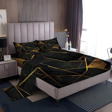 Imagem de Jogo de lençol de solteiro, listra geométrica, triângulo, 4 peças, microfibra macia e respirável, lençol com elástico alto, lençol de hotel e fronha