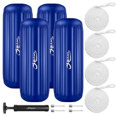 Imagem de OBAKL Para-lamas de barco, pacote com 4, 25 x 71 cm, com furo central canelado, para-choque para ancoragem, vem com cordas e bomba para inflar (azul)