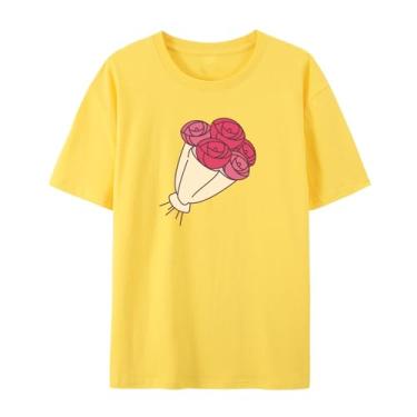 Imagem de Camiseta com estampa floral masculina e feminina rosa divertida para amigos amor, Amarelo, P