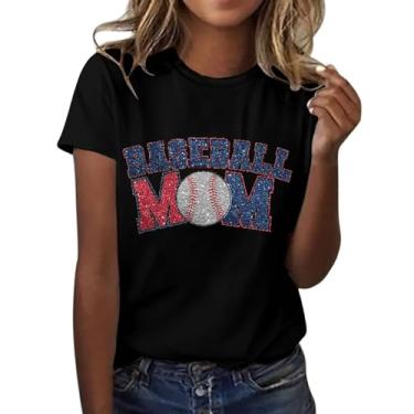 Imagem de Camiseta feminina de beisebol com estampa de letra MOM, manga curta, gola redonda, presentes engraçados, túnica, camiseta de verão, Preto, XXG