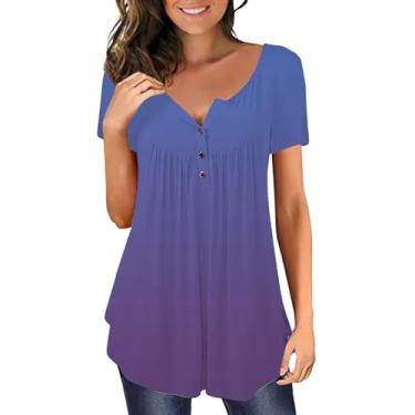 Imagem de Camisetas femininas de manga curta cor sólida manga curta casual túnica camiseta solta para leggings verão top para mulheres na moda, Azul escuro, G